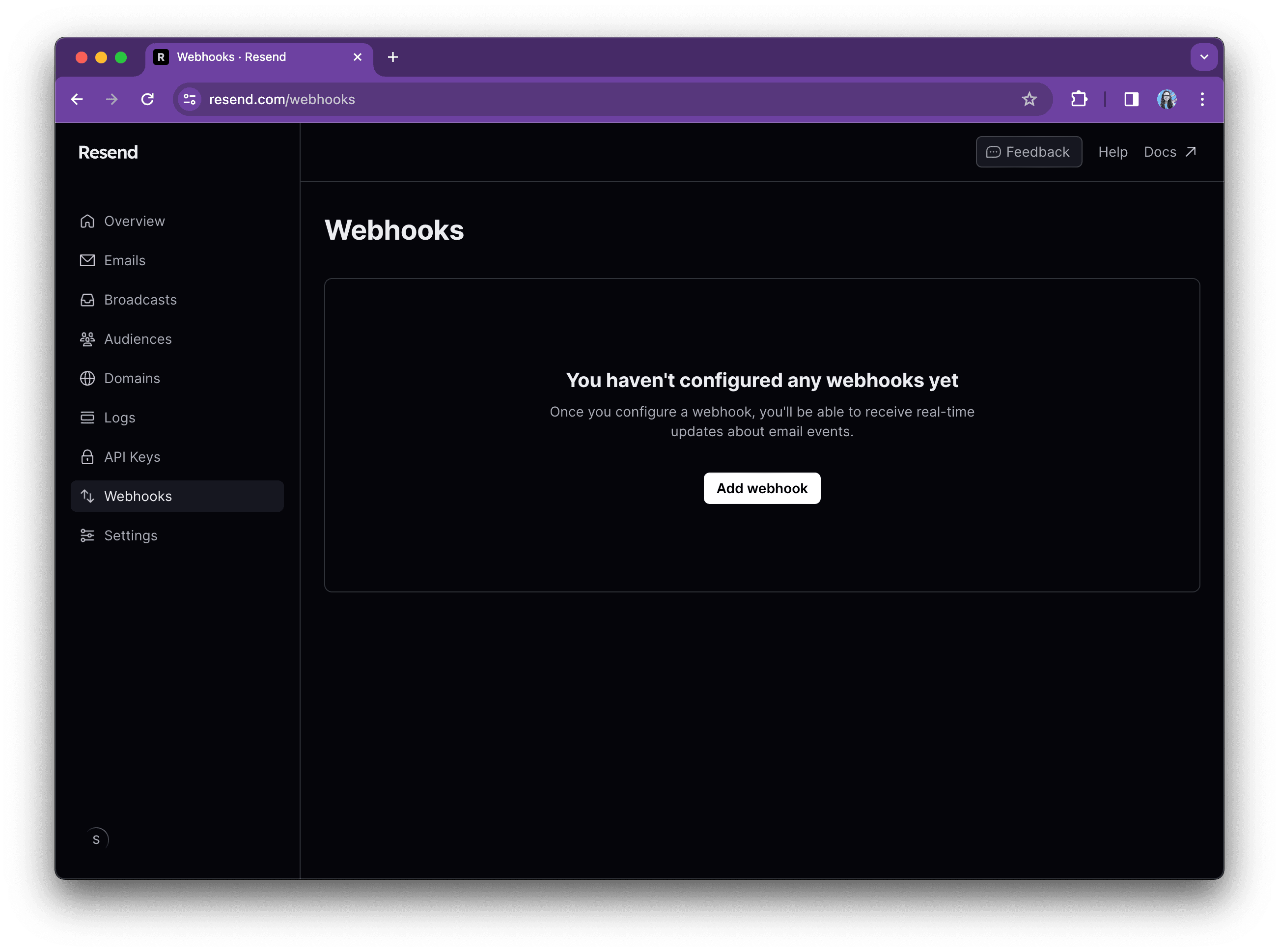 An empty webhook page on the Resend dashboard with a message: "You haven't configured any webhooks yet"